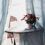 Gaeaspace  -  Cotton Linen Semi-Blackout Curtains for Living Room and Bedroom, Korean Style Blue Embroidery Window Drapes with Lace Edge