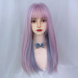 Gaeaspace  -  Synthetic Long Straight Hair Pink Highlighting Blue Heat-Resistant Cosplay Wig With Bangs For Women