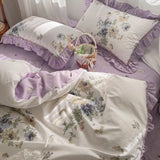 Gaeaspace  -  100% Cotton French Vintage Gardenia Printing Princess Bedding Set Rural Flowers Ruffles Quilt/Duvet Cover Bed Linen Pillowcases