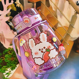 Gaeaspace   -  Kawaii Jumbo Bear Water Bottle For Children Girl School Cute Plastic Travel Milk Tea Juice Portable Gourd With Straw 3D Sticker