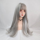 Gaeaspace  -  Women Long Synthetic Lolita Wig Gray Highlight Hanging Ear Dyeing Micro-Volume Wavy Cosplay Wigs