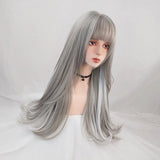 Gaeaspace  -  Women Long Synthetic Lolita Wig Gray Highlight Hanging Ear Dyeing Micro-Volume Wavy Cosplay Wigs