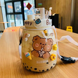 Gaeaspace   -  Kawaii Jumbo Bear Water Bottle For Children Girl School Cute Plastic Travel Milk Tea Juice Portable Gourd With Straw 3D Sticker