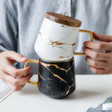 Gaeaspace  - 400ml Marble with Gold Inlay Ceramic Coffee Mugs with Wood Lid Matte Finish Black and White Office Drinking Milk Mugs Cups Gifts