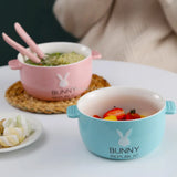 Gaeaspace  - Ceramics Double-layer Ramen Noodles Bowl Anti-scalding Instant Noodle Bowl Cute Bunny with Lid and Spoon Chopsticks Tableware