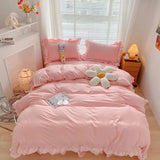 Gaeaspace  -  Japan Style Solid Color Bedding Set Cute Girl Ruffle Lace Pink Bed Skirt Kids Duvet Cover With Pillow Case Bed Sheet For Women