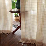 Gaeaspace  -  Pastoral Linen Plaid Curtains with Tassels American Rural Grid Cotton Yarn Hand Crochet Cortinas Window Deco Fabrics for Bedroom