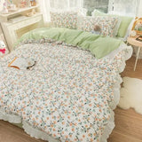 Gaeaspace  -  Kawaii Ruffle Bedding Set Cute Princess Lace Queen Size Quilt Cover 100% Cotton Set Luxury Fitted Bed Sheet With Pillow Case