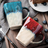 Gaeaspace  -  Creative Flow Glaze Square Coffee Mug with Spoon and Lid Retro Tea Cup Simple Household Matte Color Ceramic Milk Water Cup Gift