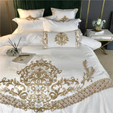 Gaeaspace  - White Luxury European Royal Gold Embroidery 60S Satin And Cotton Bedding Set Duvet Cover Bed Sheet Or Fitted Sheet Pillowcases