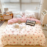 Gaeaspace   -  Kawaii Cherry Hearts Bedding Set For Home Cotton Twin Full Queen Size Cute Double Bed Fitted Bed Sheet Pillowcases Duvet Cover