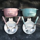 Gaeaspace  - Ceramics Double-layer Ramen Noodles Bowl Anti-scalding Instant Noodle Bowl Cute Bunny with Lid and Spoon Chopsticks Tableware