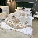 Gaeaspace  - White Luxury European Royal Gold Embroidery 60S Satin And Cotton Bedding Set Duvet Cover Bed Sheet Or Fitted Sheet Pillowcases