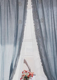 Gaeaspace  -  Cotton Linen Semi-Blackout Curtains for Living Room and Bedroom, Korean Style Blue Embroidery Window Drapes with Lace Edge