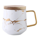 Gaeaspace  - 400ml Marble with Gold Inlay Ceramic Coffee Mugs with Wood Lid Matte Finish Black and White Office Drinking Milk Mugs Cups Gifts