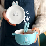 Gaeaspace  - Ceramics Double-layer Ramen Noodles Bowl Anti-scalding Instant Noodle Bowl Cute Bunny with Lid and Spoon Chopsticks Tableware