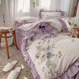 Gaeaspace  -  100% Cotton French Vintage Gardenia Printing Princess Bedding Set Rural Flowers Ruffles Quilt/Duvet Cover Bed Linen Pillowcases