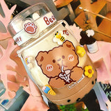 Gaeaspace   -  Kawaii Jumbo Bear Water Bottle For Children Girl School Cute Plastic Travel Milk Tea Juice Portable Gourd With Straw 3D Sticker