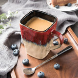 Gaeaspace  -  Creative Flow Glaze Square Coffee Mug with Spoon and Lid Retro Tea Cup Simple Household Matte Color Ceramic Milk Water Cup Gift