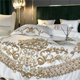 Gaeaspace  - White Luxury European Royal Gold Embroidery 60S Satin And Cotton Bedding Set Duvet Cover Bed Sheet Or Fitted Sheet Pillowcases