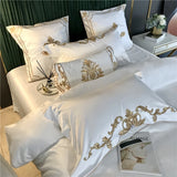 Gaeaspace  - White Luxury European Royal Gold Embroidery 60S Satin And Cotton Bedding Set Duvet Cover Bed Sheet Or Fitted Sheet Pillowcases