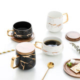 Gaeaspace  - 400ml Marble with Gold Inlay Ceramic Coffee Mugs with Wood Lid Matte Finish Black and White Office Drinking Milk Mugs Cups Gifts