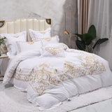 Gaeaspace  -  Luxury White European Palace Style Gold Embroidery Egyptian Cotton Bedding Set Duvet Cover Flat/Fitted Sheet Pillowcases 4/7Pcs