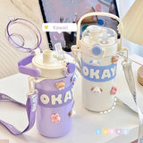 Gaeaspace   -  Kawaii Thermal Water Bottle With Straw Sticker Stainless Steel Thermos Keep Cold Hot Coffee Bubble Tea Cute Bottle For Kid Girl