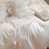 Gaeaspace  -  Natural Eucalyptus Lyocell Fibre Soft Silky Bedding Set Flower Embroidery Lace Ruffles Smooth Duvet Cover Bed Sheet Pillowcases