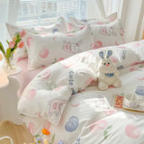 Gaeaspace  -  Kawaii Washed Cotton Bedding Set For Kids Girls Cute Print Duvet Cover Single Full Queen Size Flat Bed Sheets And Pillowcases