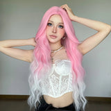 Gaeaspace  -  Light Pink Gradient Synthetic Hair Wigs Long Wavy Natural Hair Wigs with Bangs for Women Cosplay Lolita Wig Heat Resistant