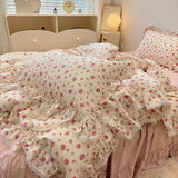 Gaeaspace  -  100% Cotton Vintage Countryside Rose Floral Lace Ruffles Duvet Cover Set Bed Skirt Or Bed Sheet Pillowcases Girls Bedding Set