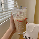 Gaeaspace  -  Cute Letter Korean Glass Water Bottle With Straw And Lid  480ml Simple Coffee Milk Juice Breakfast Glass Cups For Drinks Gift