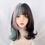 Gaeaspace  -   Short Wavy Ombre Brown Pink Mixed Wig with Bangs Synthetic Lolita Cosplay Natural Women Fluffy Hair Wig for Daily Party