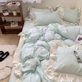 Gaeaspace  -  Kawaii Korean Princess Bedding Sets Queen Twin Size Solid Color Double Bed Fitted Sheets Home Ruffled Duvet Quilt Cover Set