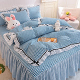 Gaeaspace  -  Korean Girl Heart Solid Color Bedding Set Cute Princess Style Cotton Bed Skirt Full Queen Size Flat Sheet Quilt Cover Pillowcase