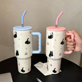 Gaeaspace  -  Kawaii Cat Stainless Steel Vacuum Insulated Tumbler With Lid Straw For Water Iced Tea Coffee Juice Large Car Thermos Mug 1200ml