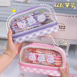 Gaeaspace  -  INS Portable Transparent Large Capacity Pen Bag Cute Girl Heart Double Layer Waterproof Makeup Bag Student Pencil Stationery Box