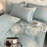 Gaeaspace  -  High-End Floral Embroidery Green Red Bedding Set Luxury Egyptian Cotton Solid Duvet Cover Flat or Fitted Bed Sheet Pillowcases