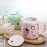 Gaeaspace  -  1pc 400ml Cute Fruits Mugs Creative Can Cartoon Ceramic Mug With Straw Lid Milk Tea Mug Office Home Travel Coffee Water Cup