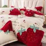 Gaeaspace  -  Cute Strawberry Flowers Applique Soft Velvet Fleece Bedding Set Short Plush Warm Queen King Duvet Cover Set Bed Sheet Pillowcase