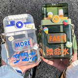 Gaeaspace  -  Cute Flat Water Bottle With Strap Straw 3D Sticker 850ml BPA Free Kawaii Plastic Coffee Boba Milk Tea Portable Gym Drink Bottle