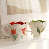 Gaeaspace  -  Korean Style Ins Niche Hand-painted Tulip Bleed Orchid Hand-kneaded Ceramic Cup Office Cute Mug Household Simple Dessert Cup