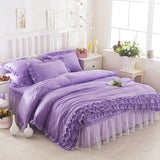 Gaeaspace  -  Korean Princess Duvet Cover 4 Piece Set Solid Color Ruffles Lace Quilt Cover And Pillowcase For Girl Woman Romantic Bedspread