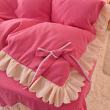 Gaeaspace  -  Korean Princess Style Bedding Set Soft Thickened Duvet Cover Bed Sheet Skirt and Pillowcases Cute Bow Girls Pink Comfort Cover