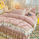 Gaeasapce  -  Pink Korean Princess Style Bedding Set Flowers Lace Ruffles Embroidery Quilted Thick Duvet Cover Bedspread Bed Skirt Pillowcases