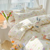 Gaeaspace  -  Kawaii Washed Cotton Bedding Set For Kids Girls Cute Print Duvet Cover Single Full Queen Size Flat Bed Sheets And Pillowcases