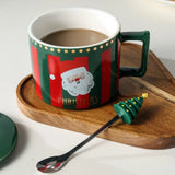 Gaeaspace  -  338ml Red Coffee Cup with Spoon Christmas Deer Decoration Mug with Lid Cartoon Ceramic Breakfast Mug Afternoon Camellia Tea Cup