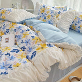 Gaeaspace  -  INS Princess Style Flower Bedding Set Duvet Cover With Ruffle Lace Bed Sheet Pillowcases Kawaii Girl Woman Bedroom Home Textiles