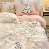 Gaeaspace  -  Pink Cartoon Printed Bedding Set For Girls Double Queen King Size Flat Sheet Duvet Cover Pillowcase Soft Bed Linen Home Textiles